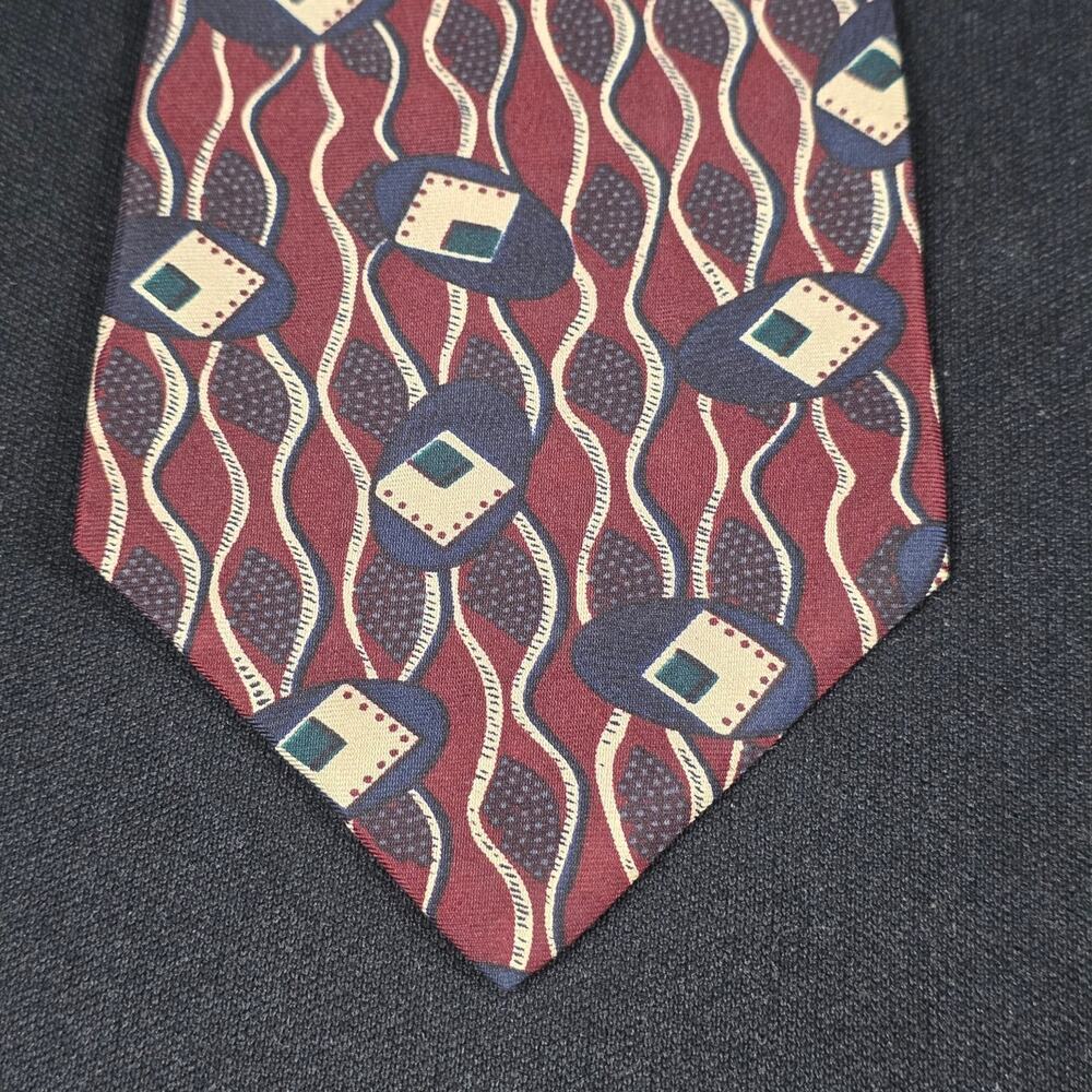 erreuno Men's Tie Burgundy Navy Geometric 100% Italian Silk Pattern